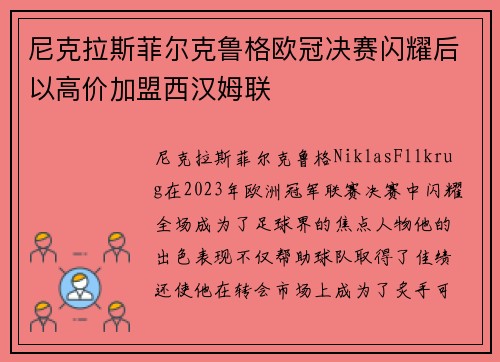 尼克拉斯菲尔克鲁格欧冠决赛闪耀后以高价加盟西汉姆联