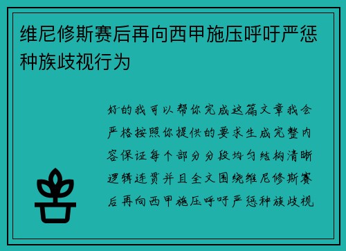 维尼修斯赛后再向西甲施压呼吁严惩种族歧视行为
