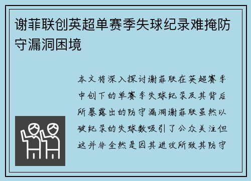 谢菲联创英超单赛季失球纪录难掩防守漏洞困境